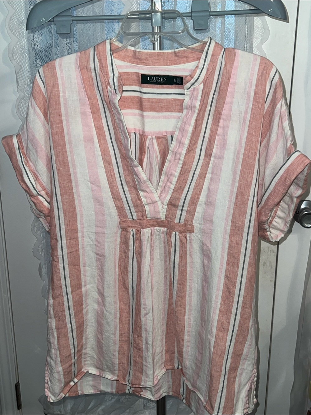 Lauren Ralph Lauren Pink Striped Linen Split Neck Tunic Blouse XL